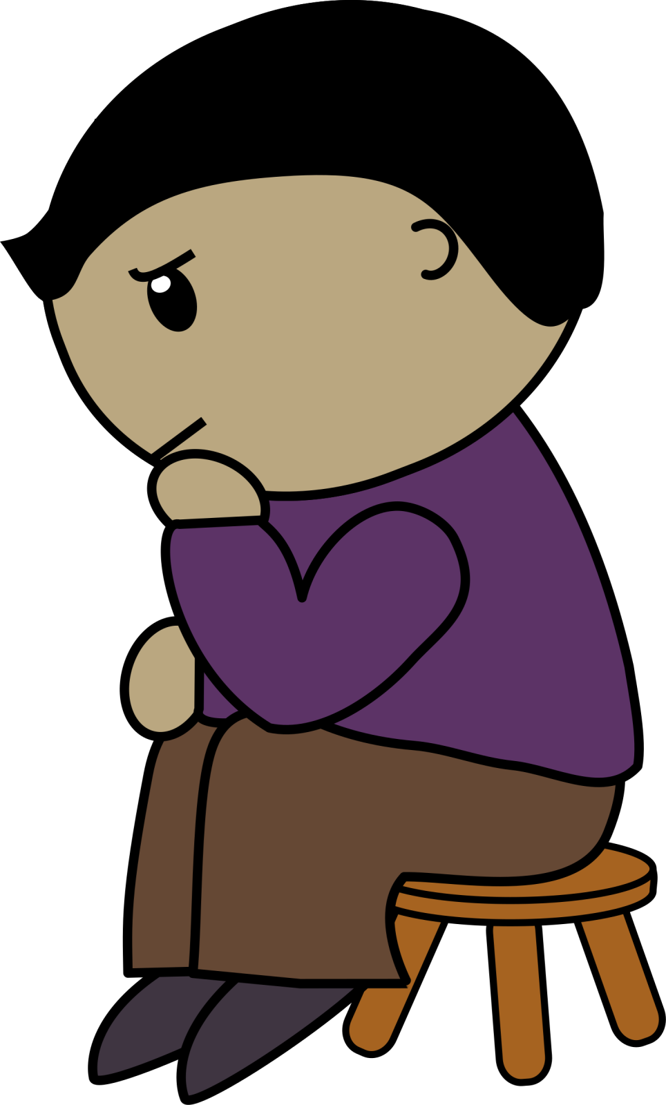 a boy sitting on a stool with his arms crossed