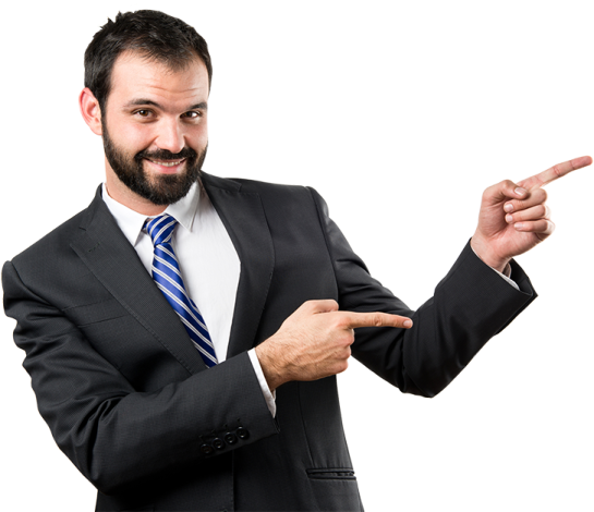 a man in a suit pointing at something