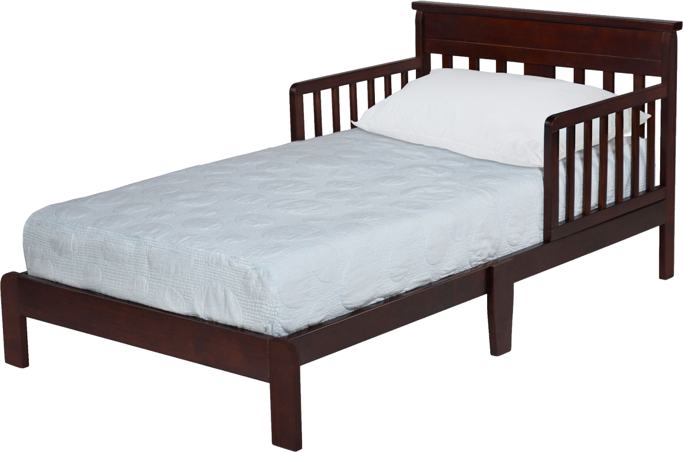 a todd's bed with a white sheet on it