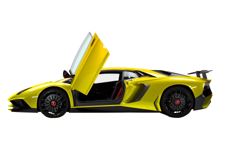 a yellow sports car with its doors open