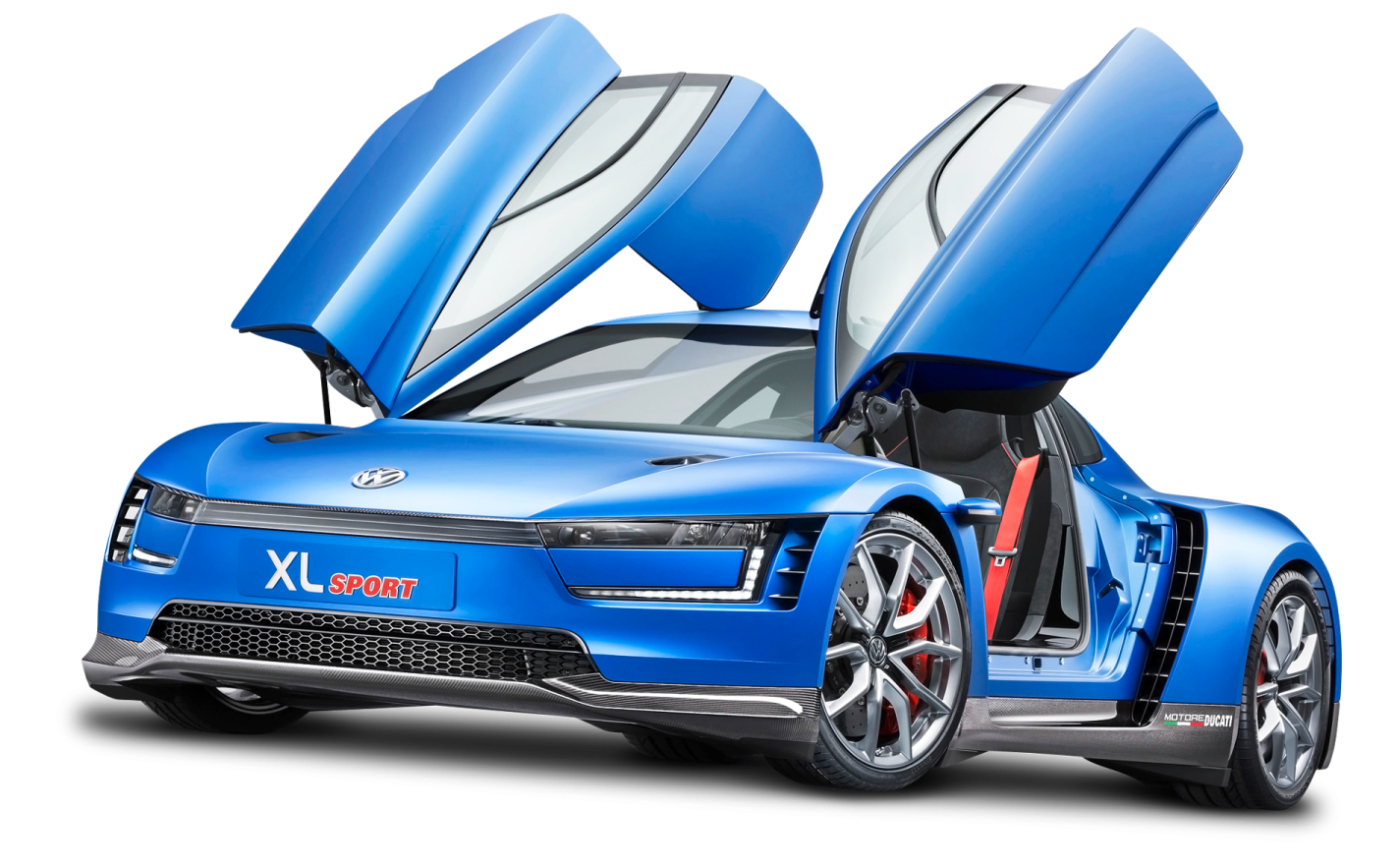 a blue car with its doors open