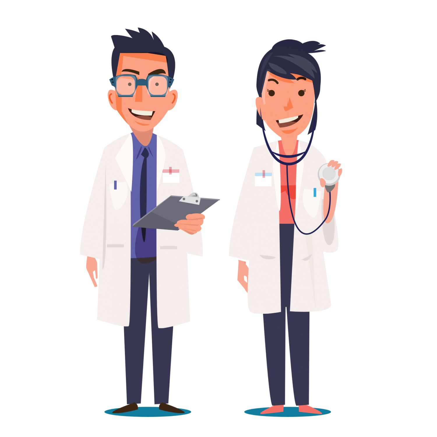 a man and woman in white lab coats holding a clipboard
