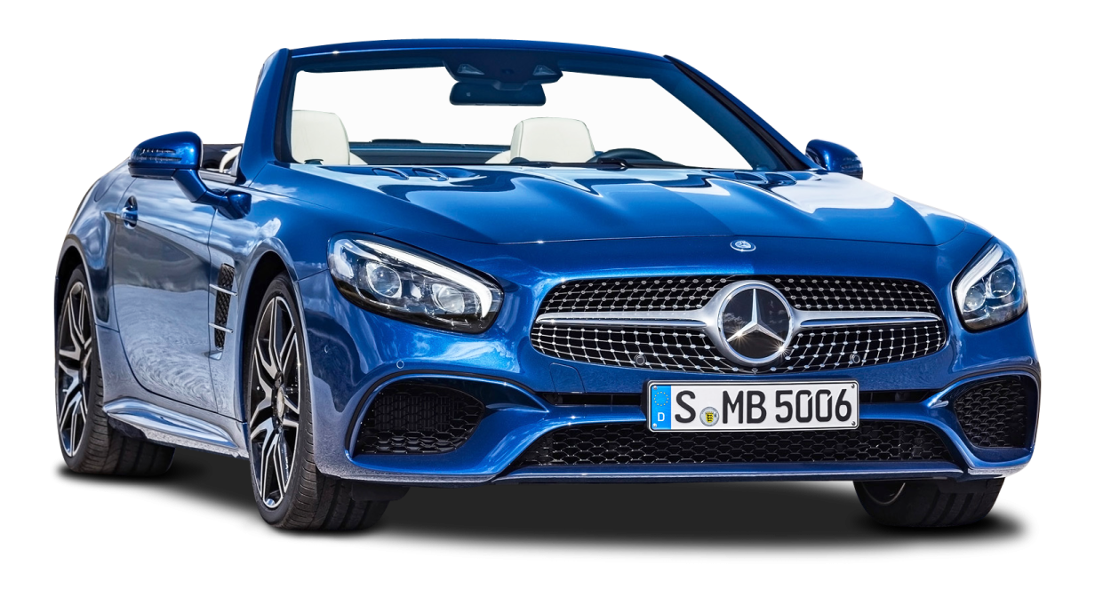 the front view of a blue mercedes sports car