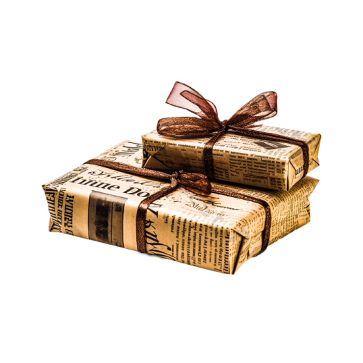 three wrapped gift boxes with brown ribbon and bow