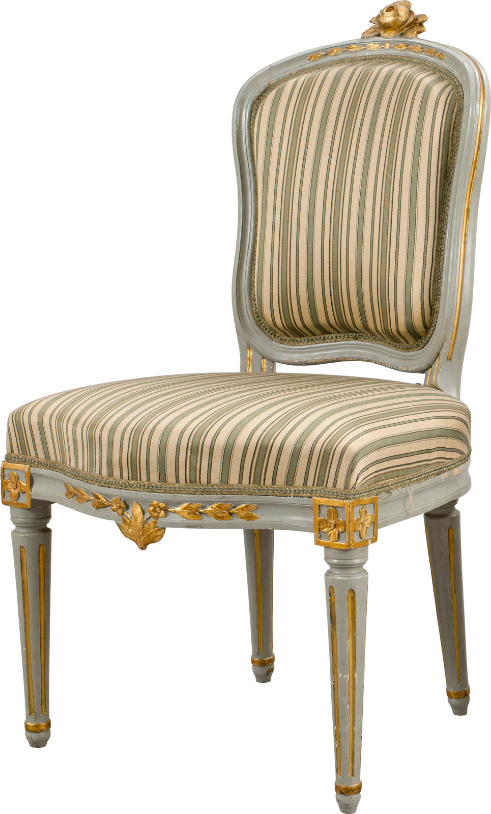 a chair with striped upholing on the back