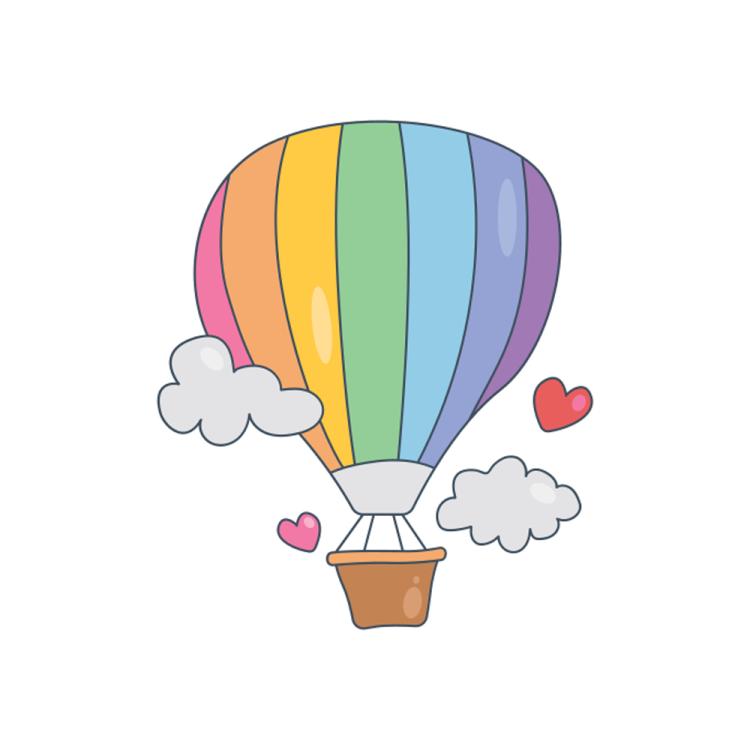 a hot air balloon with hearts floating in it