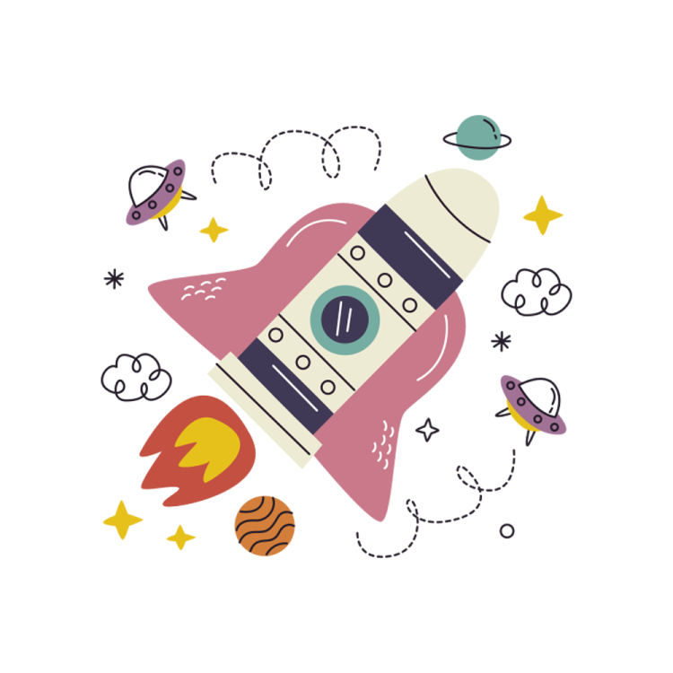 an illustration of a rocket with space and stars around it