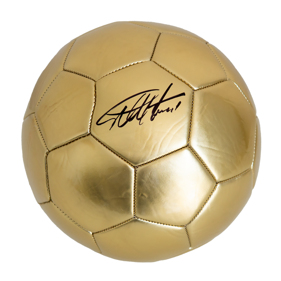 a golden soccer ball with the signature signature on it