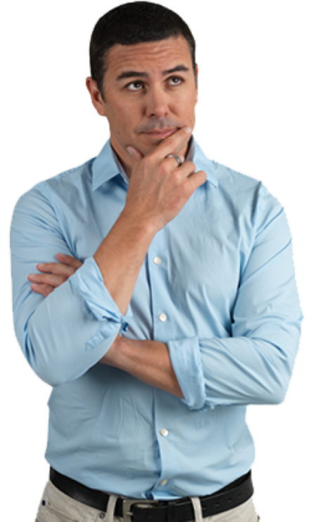a man in a blue shirt with his hand on his chin