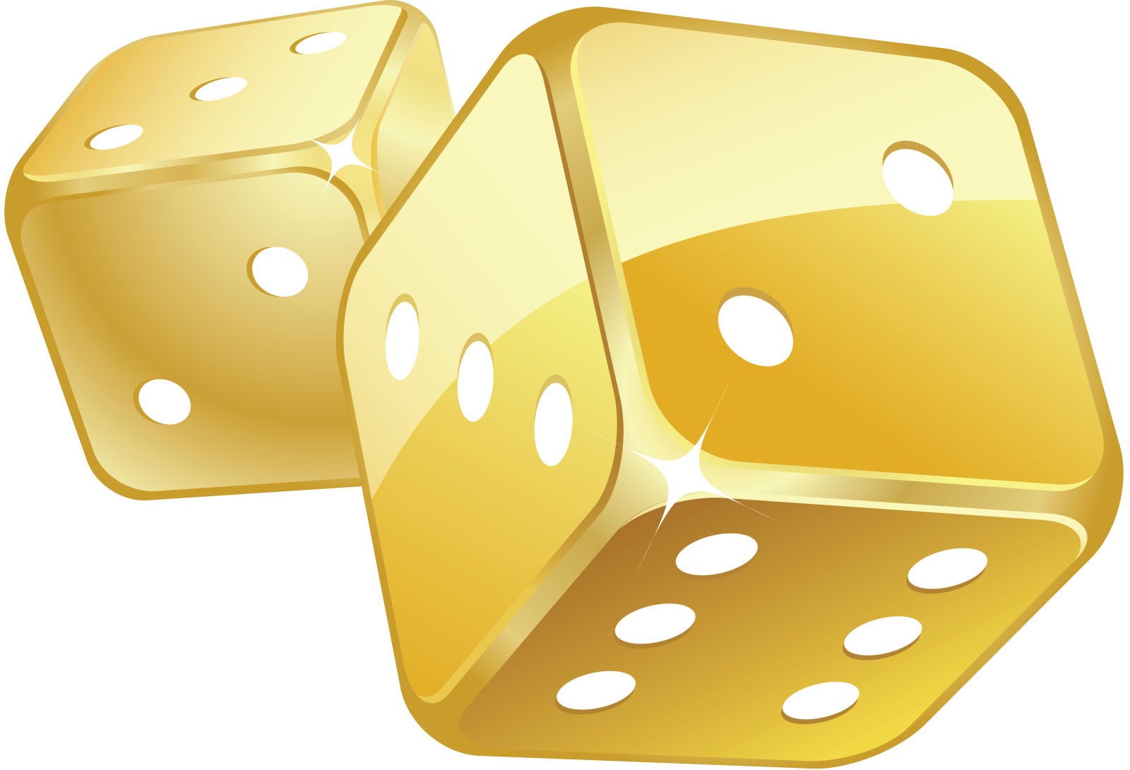 two golden dice with holes on them