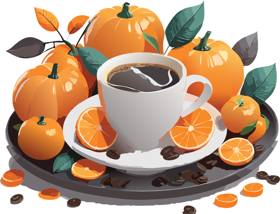 a cup of coffee and oranges on a plate