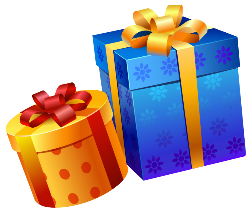 a blue and yellow gift box with a red bow