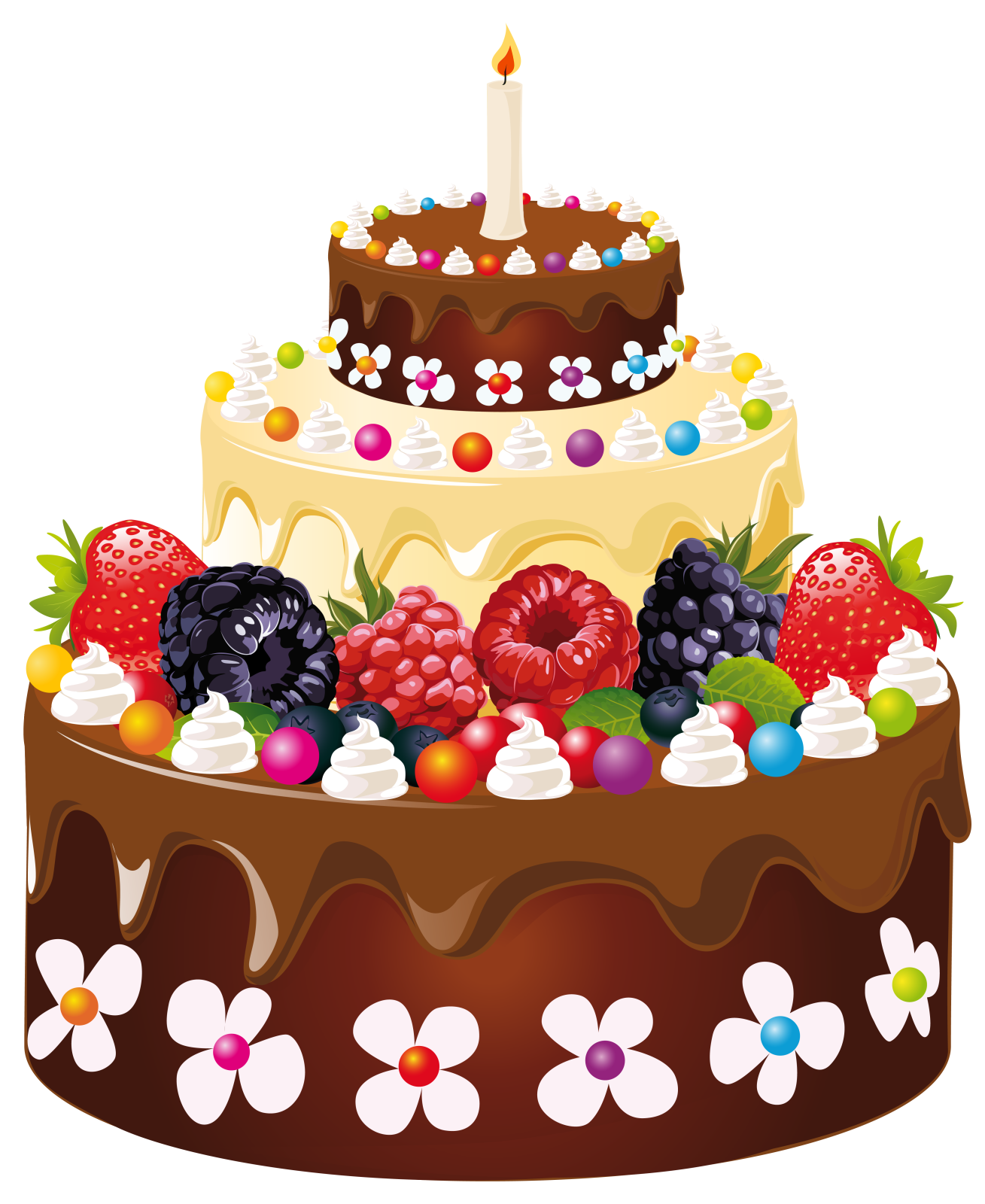 a birthday cake with chocolate and fruit on top