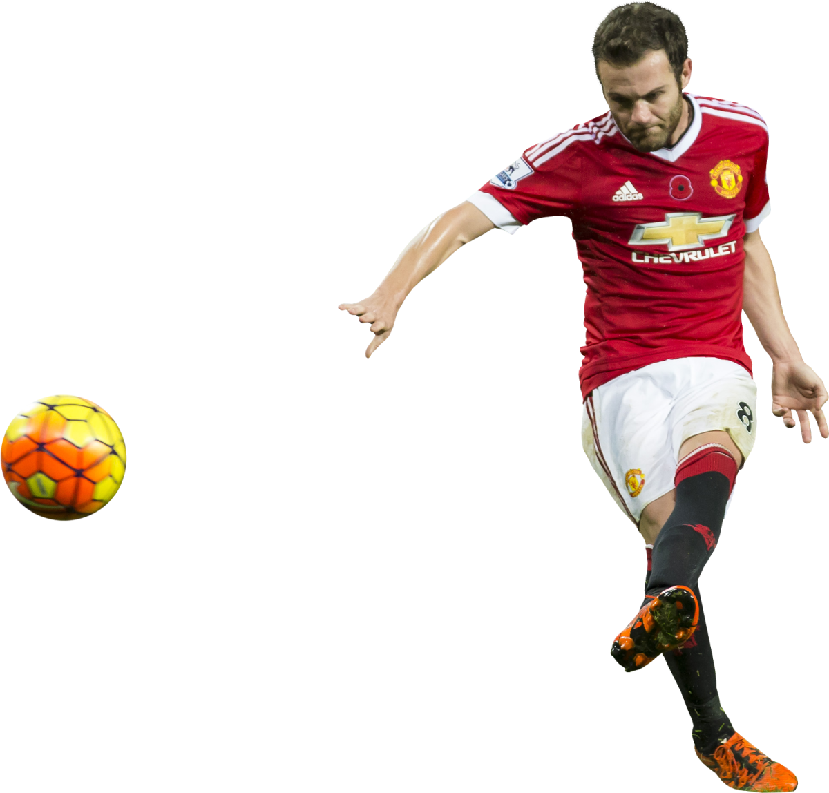 a man kicking a soccer ball in the air