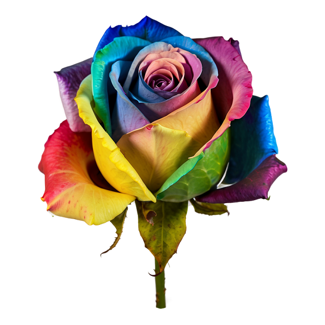 a rainbow colored rose on a white background