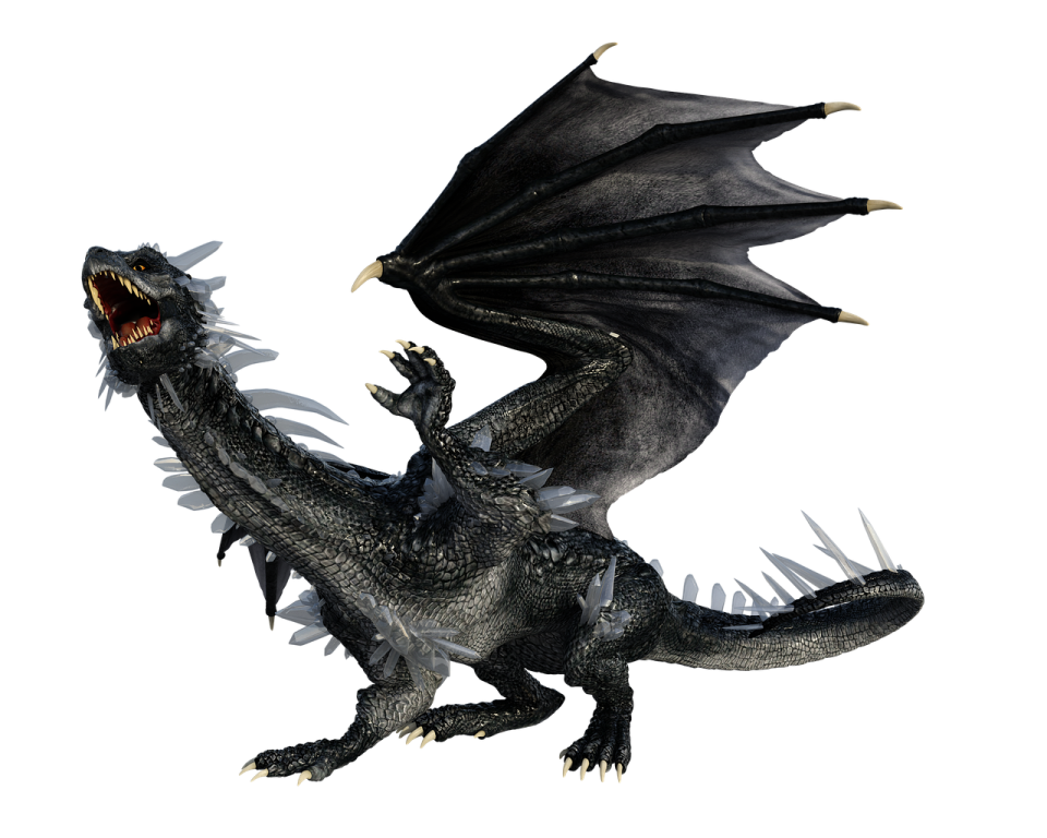 a black dragon is flying in the air