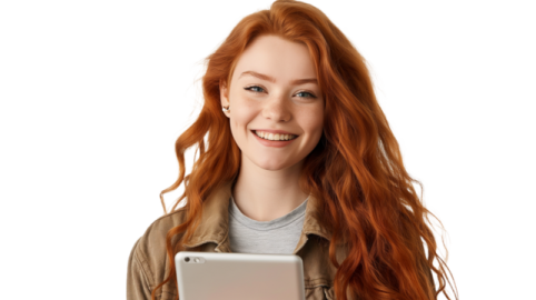 a girl with long red hair holding a tablet
