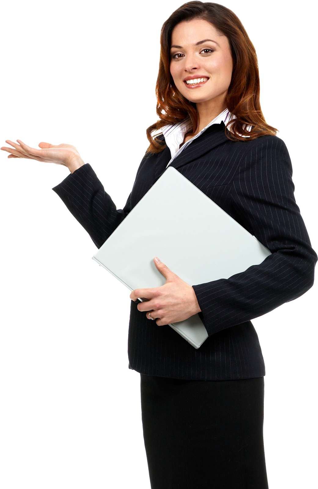 a woman in a business suit holding a laptop