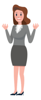 a woman in a business suit with her hands out