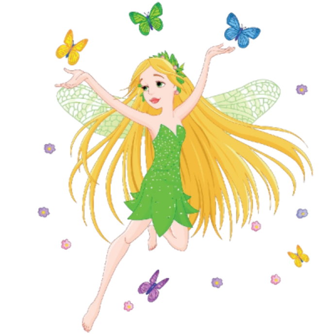 a little girl in green dress and butterfly wings