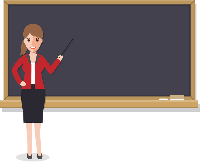 a woman teacher standing in front of a blackboard