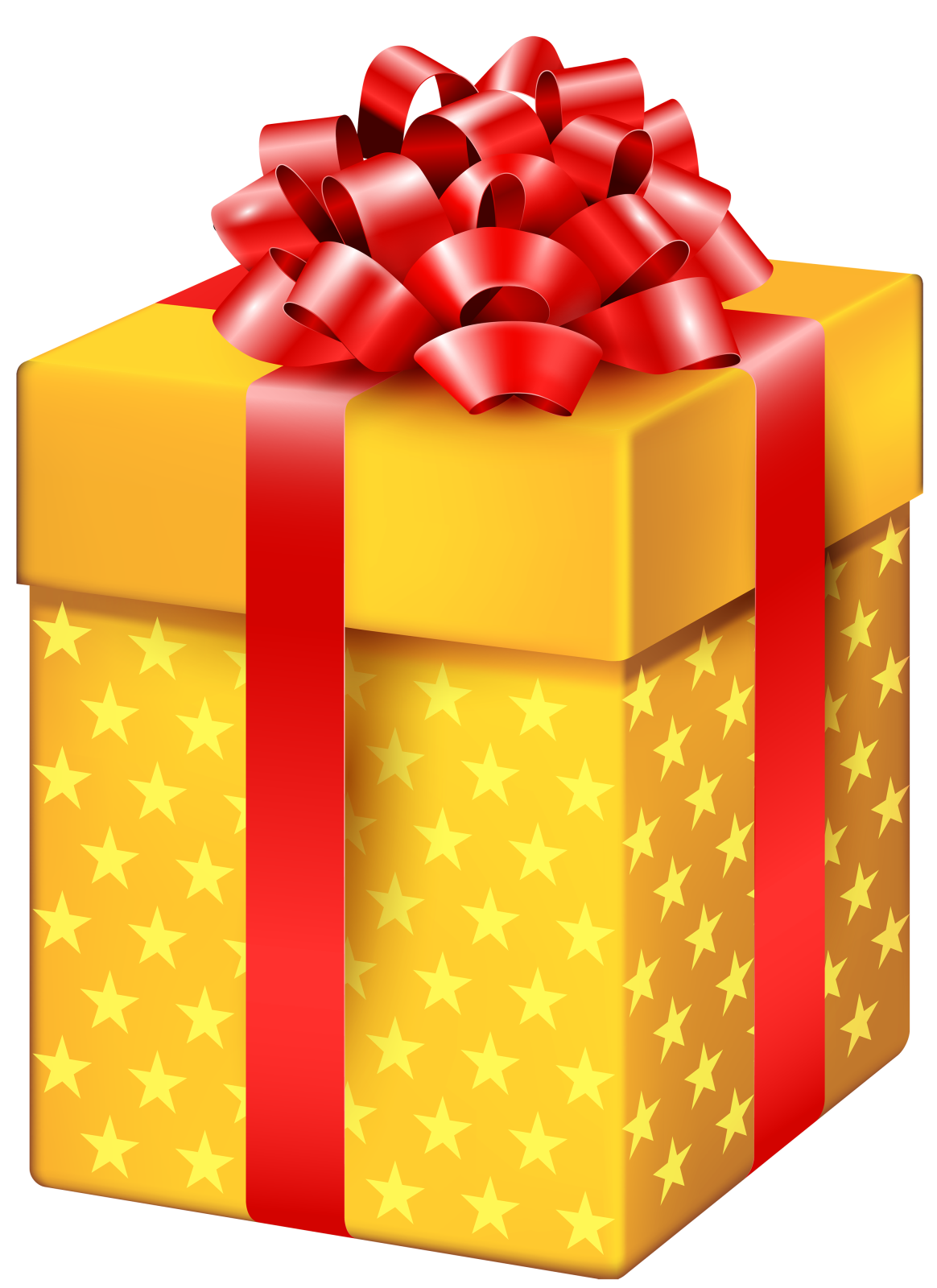 a yellow gift box with red ribbon and stars