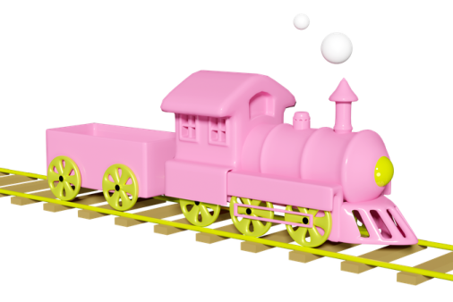 a pink toy train is shown on a white background