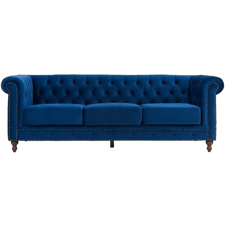 an image of a blue velvet chesterfield sofa