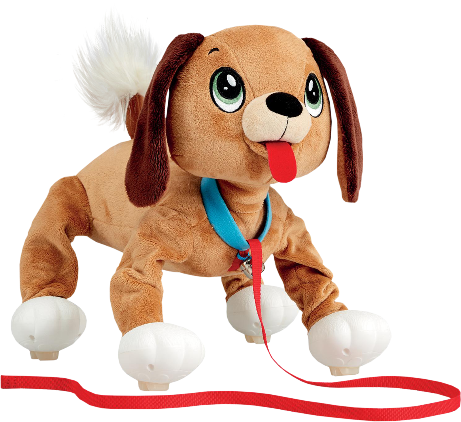 a stuffed dog with a red ribbon around its neck