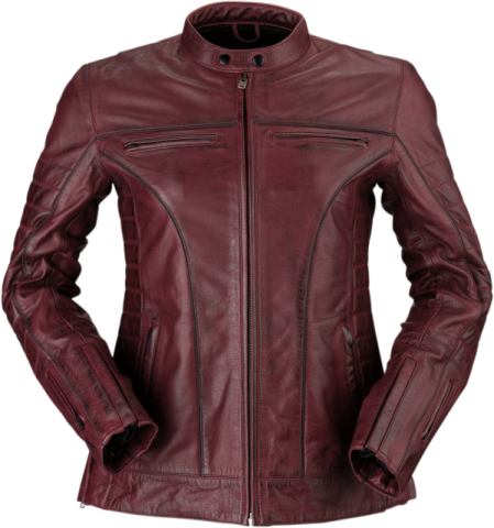 a women's burgundy leather jacket