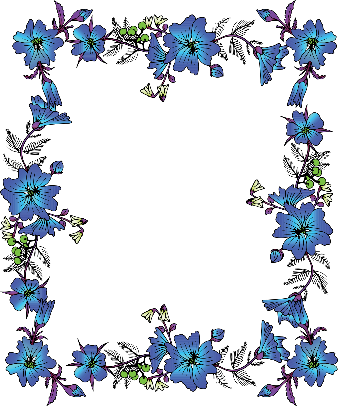 a floral frame with blue flowers and leaves