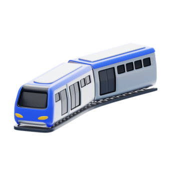 a blue and white train on a white background