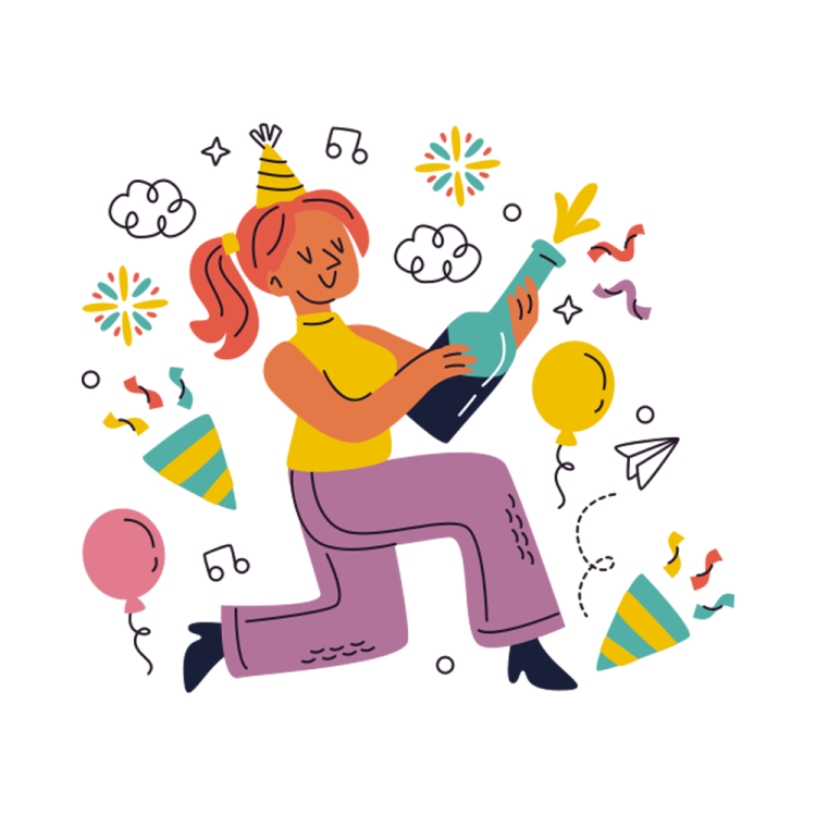 an illustration of a woman with balloons and cons