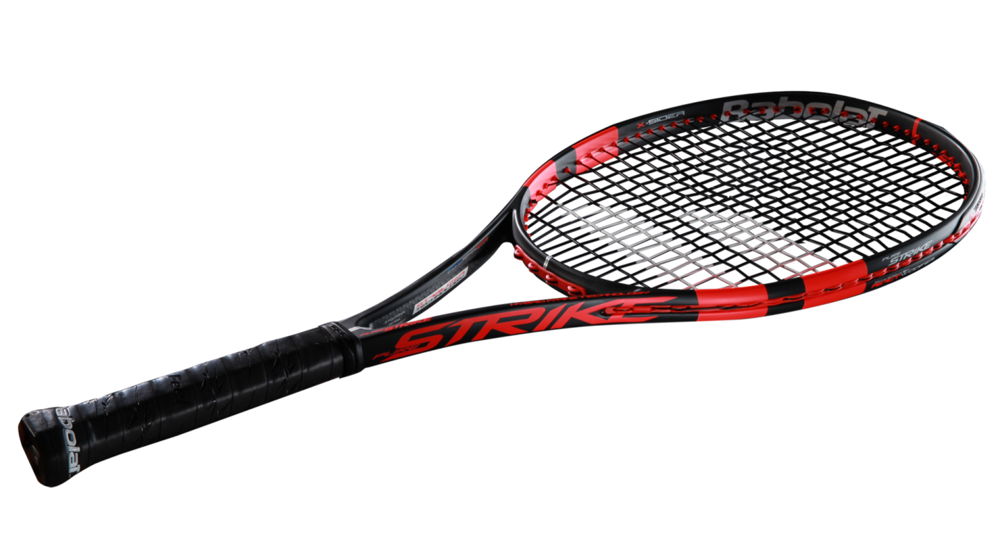 a black and red tennis racket with a white background