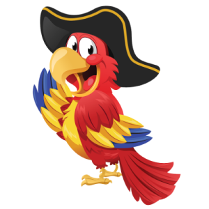a red and yellow parrot in a pirate hat