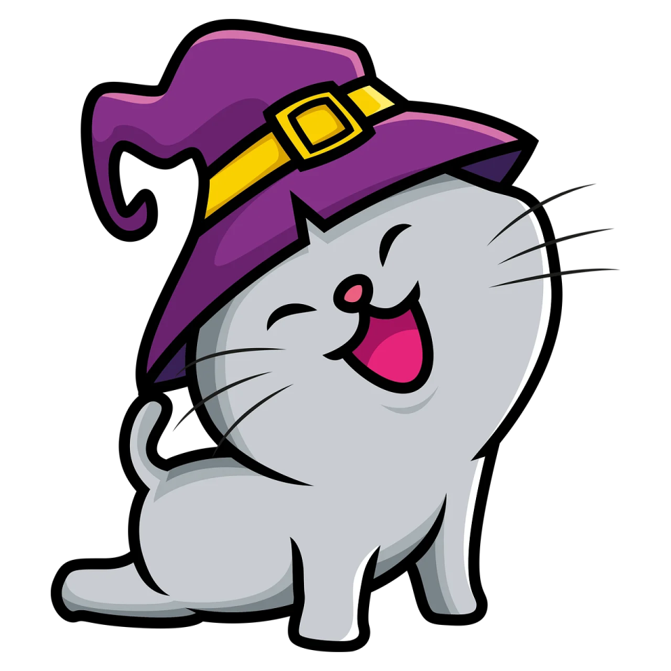 a cartoon cat wearing a witch hat