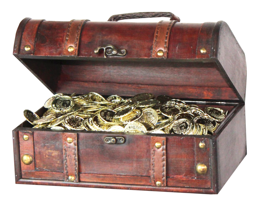 a wooden chest filled with gold coins