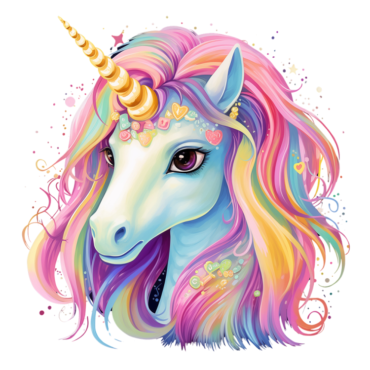 an illustration of a unicorn's head with colorful hair