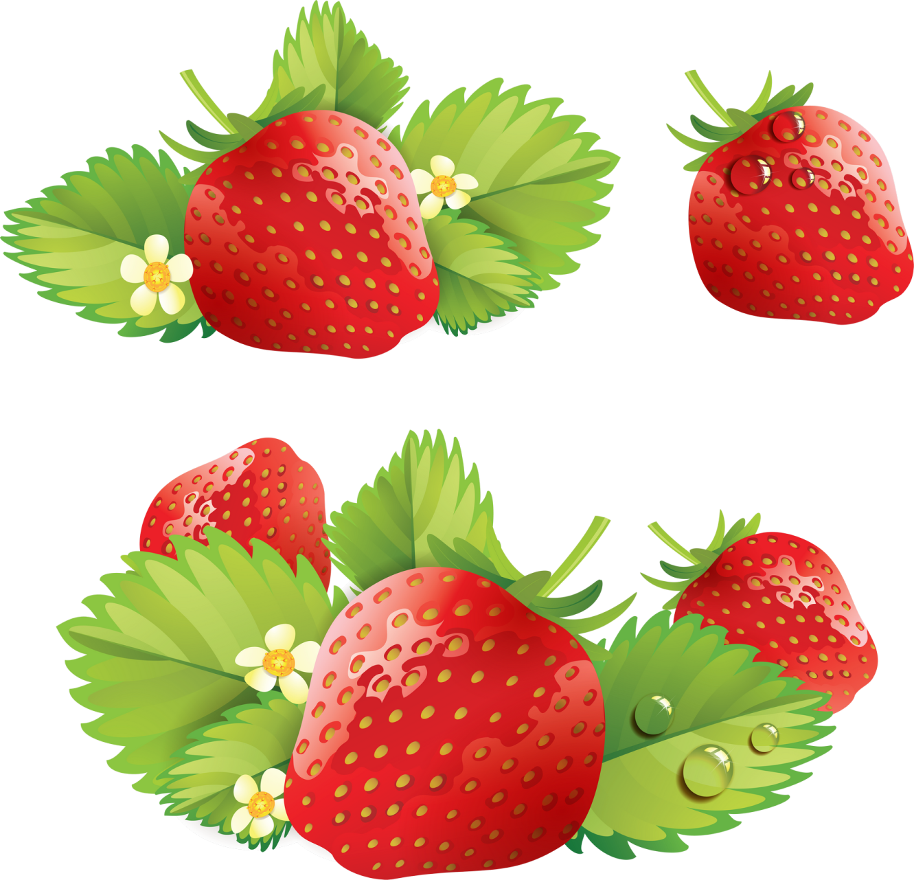 a set of three strawberries with leaves and berries
