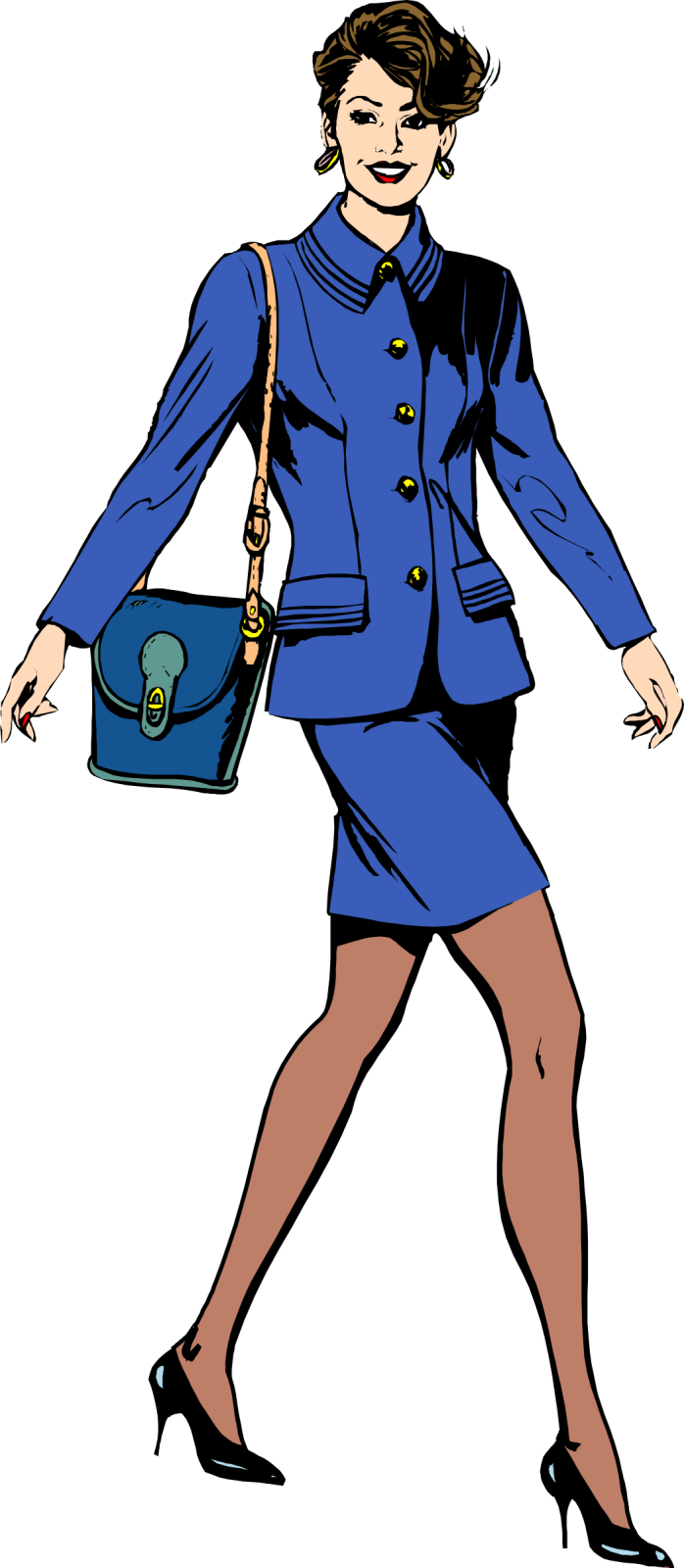 a woman in a blue suit carrying a purse