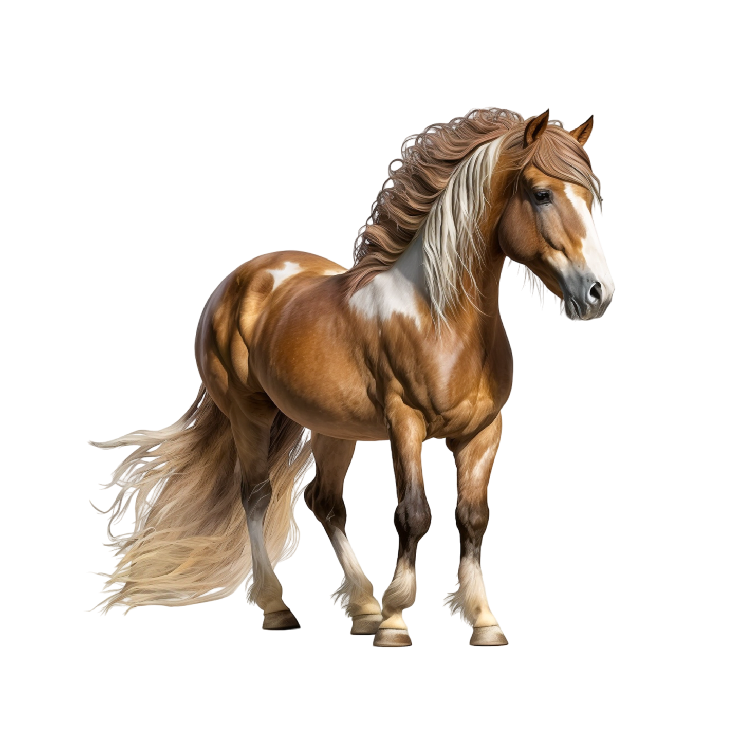 a brown and white horse standing on a white background