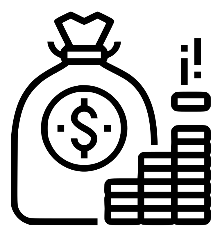 a bag of money and a stack of coins