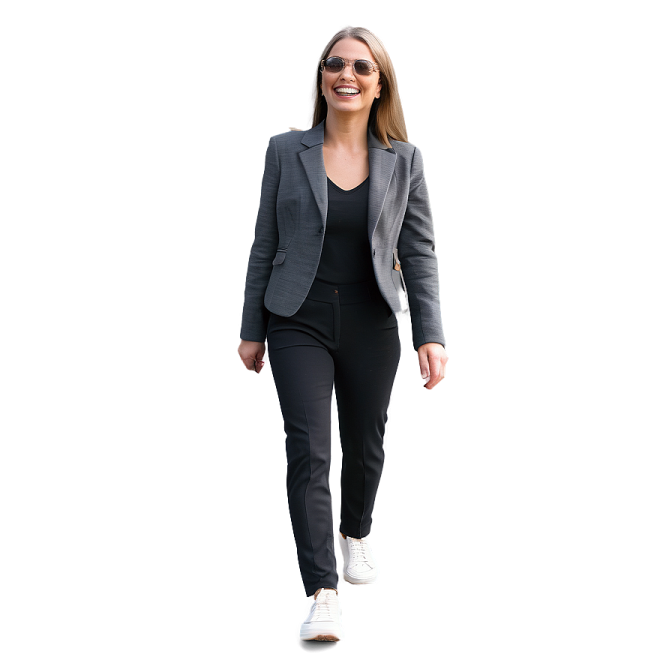 a woman wearing a grey suit and white sneakers
