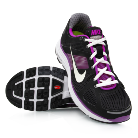 a pair of black and purple running shoes