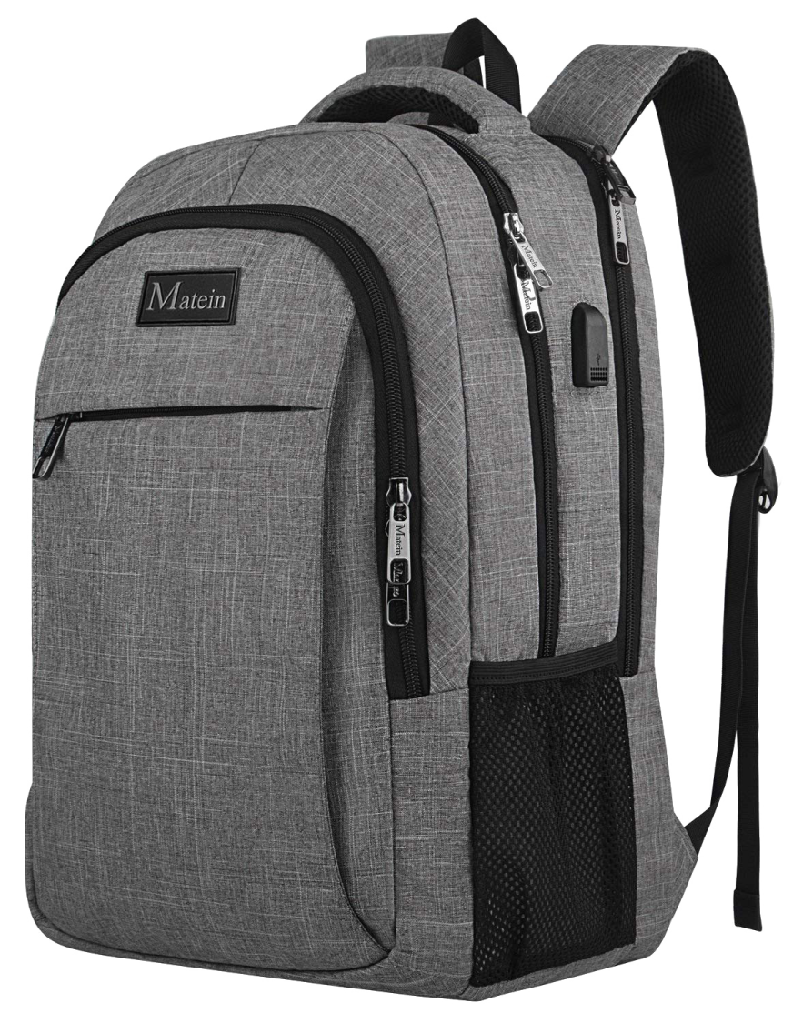a gray backpack with black straps and zippers