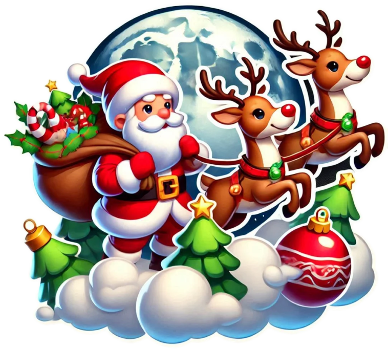 santa and his reindeers with christmas decorations
