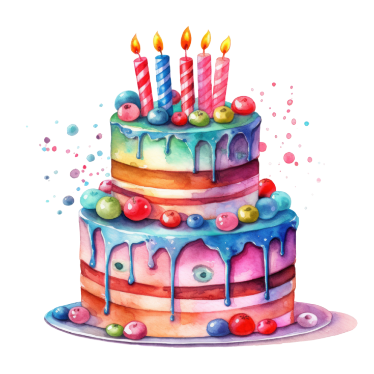 a watercolor painting of a birthday cake
