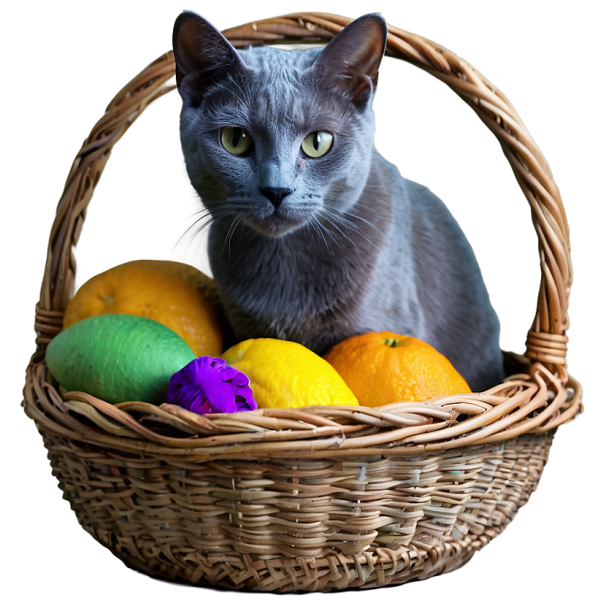a gray cat sitting in a basket of fruit