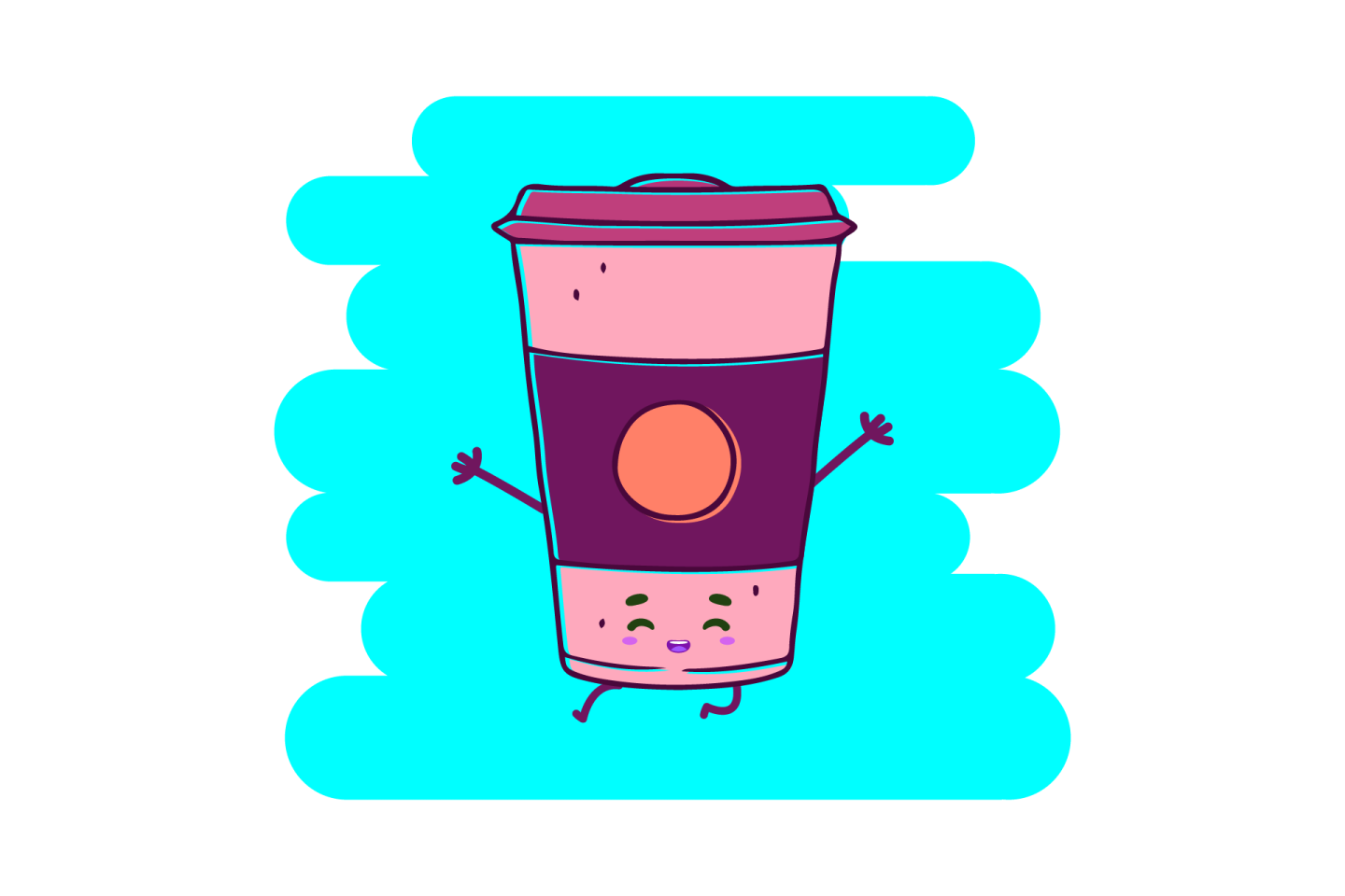 a cup of coffee with its arms in the air
