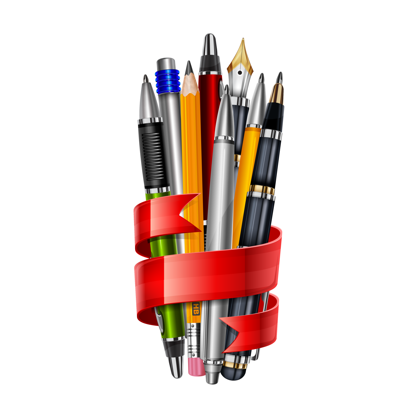 a bunch of pencils with a red ribbon around them